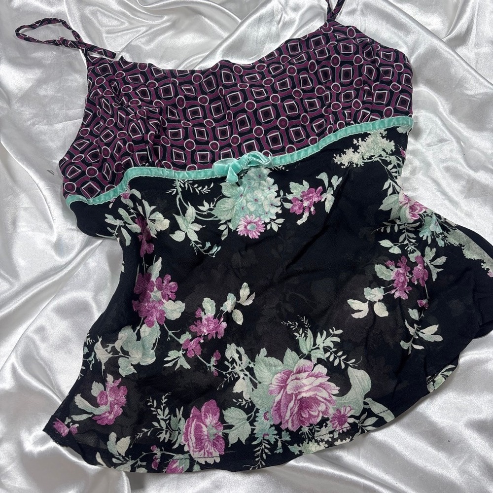 y2k GreenHouse silk Cami Top Black Floral Mixed Print Velvet Trim Bow 36 - Picture 2 of 7